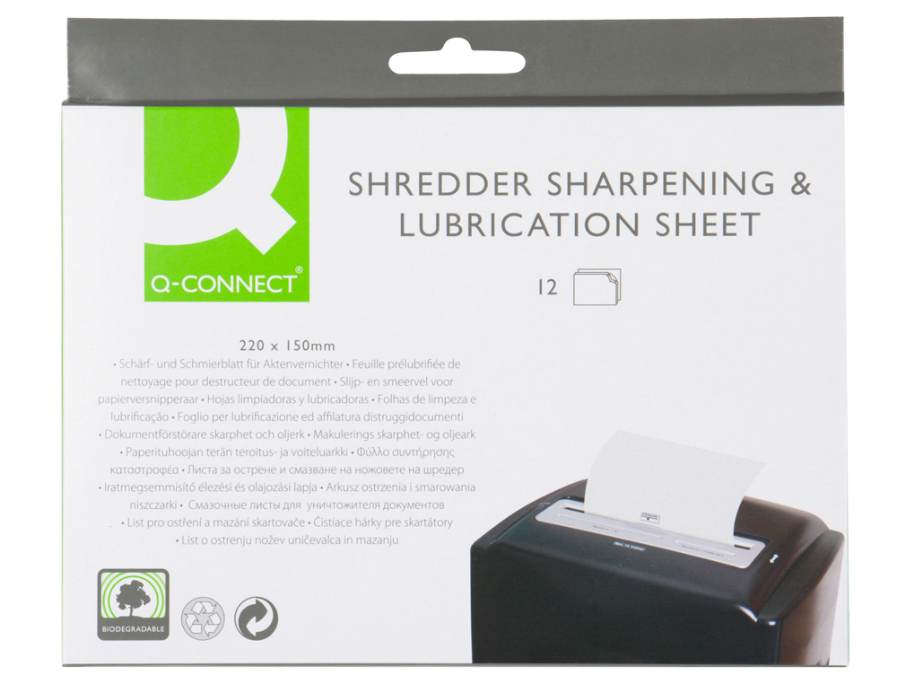 HOJAS LUBRICANTES Y AFILADORAS Q-CONNECT PARA DESTRUCTORA PAQUETE DE 12 HOJAS TAMAO 220X150 MM