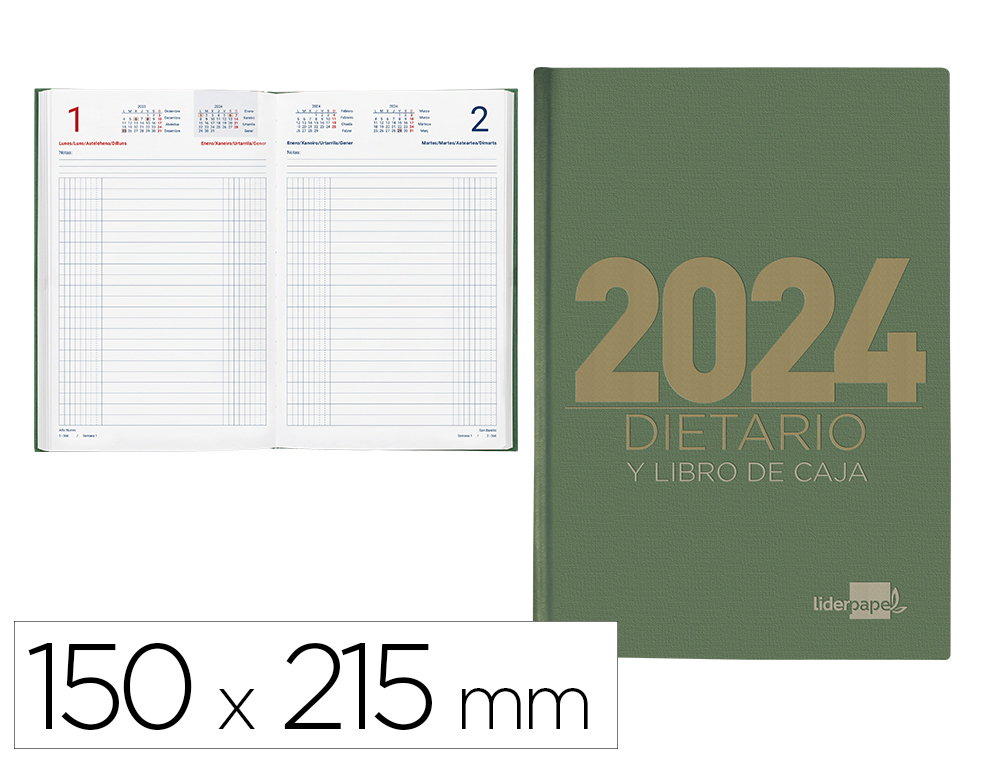 DIETARIO LIDERPAPEL 15X21,5 CM 2024 CUARTO COLOR VERDE PAPEL 70 GR
