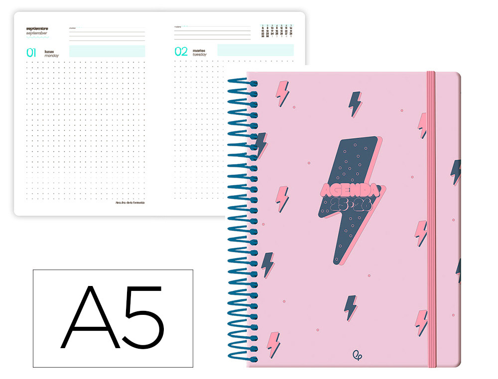 AGENDA ESCOLAR LIDERPAPEL 25-26 ESPIRAL PATTERNS RAYOS ROSA DIA PAGINA A5 BILINGE PAPEL FSC 80 GR